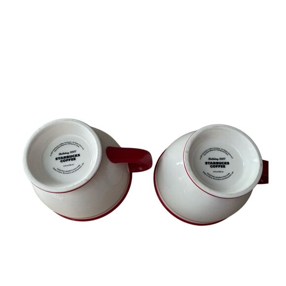 Starbucks Holiday 2007 “JOY” Mug Set of 2 Red Rim 10 oz Santa Stocking Cups - Picture 6 of 6